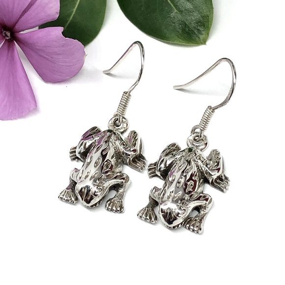 Earrings | Sterling Silver Unique Frog Charm Dangle Earrings | Jewelry - Picture 1 of 5